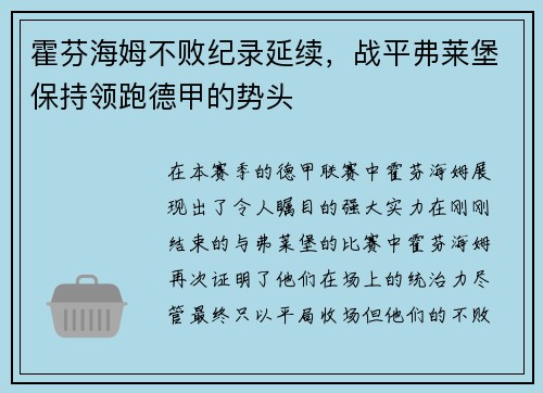霍芬海姆不败纪录延续，战平弗莱堡保持领跑德甲的势头
